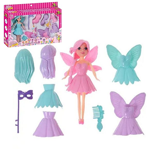 Boneca Fada Mágica Troque as Roupa, Sapatos e Acessórios- Fadinha Troca Guarda Roupa Menina Art Brink