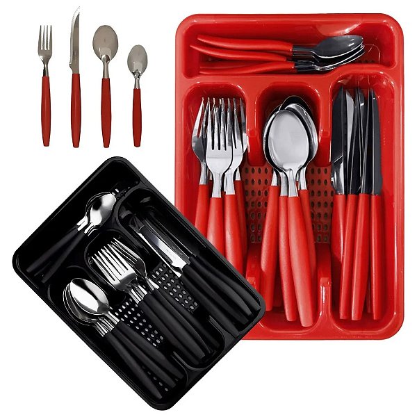 Faqueiro Jogo de Talheres Inox C/ Porta Talher Com 25 Peças Colher Faca Garfo Sobremesa Organizador Gaveta