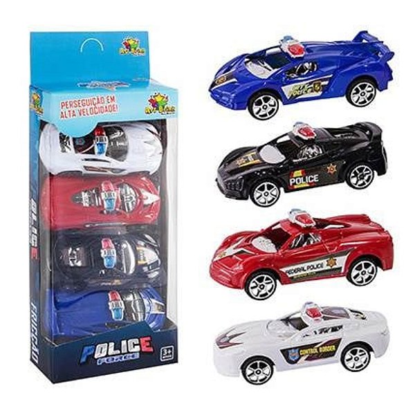 Carrinho Policia Friccao mini 4UN - Carrinhos Polícia Blister com 4 - 9,5cm