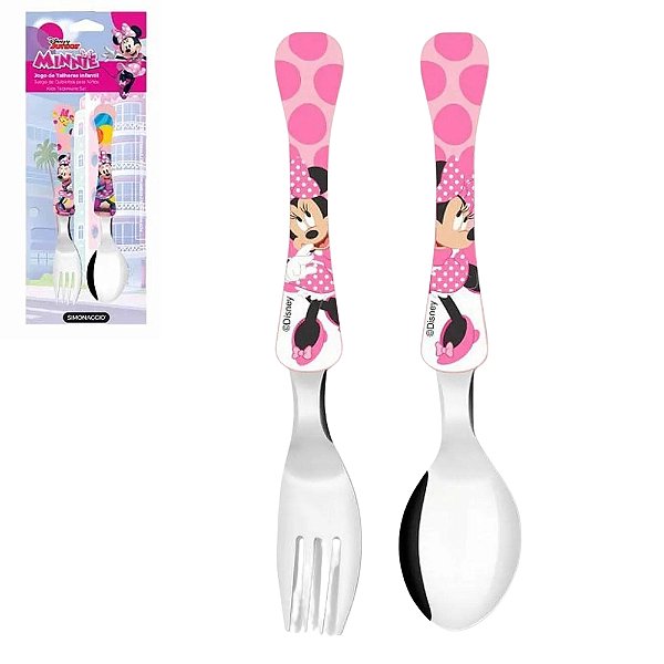 Kit Colher e Garfo Minnie 02 Peças Conjunto Talher Infantil Minie Mine Namorada do Mickey Mikei