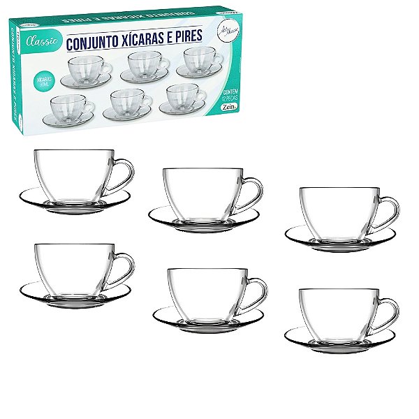 Jogo Xicaras 90Ml De Vidro Cha Com Pires 12Un - Classic Xicaras de Café Chá Mesa Posta Cozinha Casamento - PANAMI