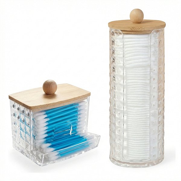 KIT Porta Cotonete + Porta Algodão Com Tampa em Bambu - Porta Cotonetes Acrilico Cristal Tampa De Bambu