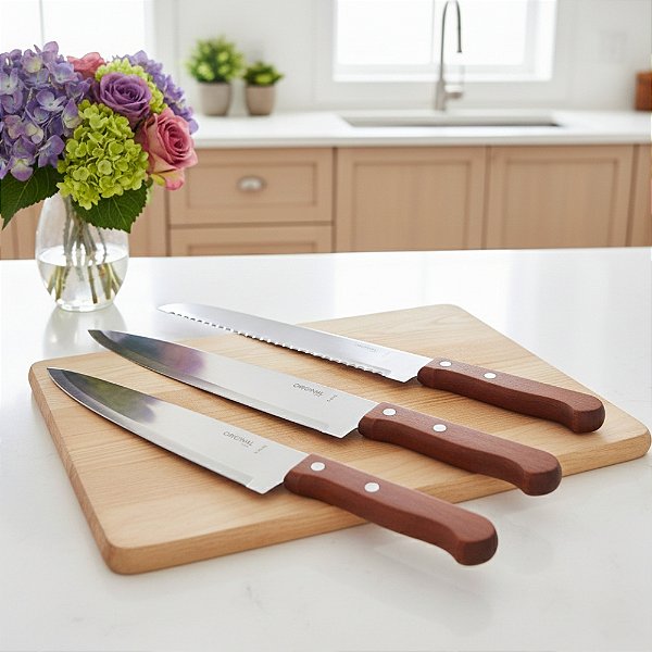 Kit 03 Facas Cabo de Madeira Aço Inox ** 01 Faca 28cm + 01 de 33cm + 01 de Pão ** Carne Frango Peixe legume