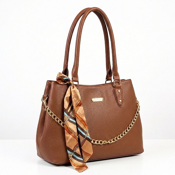 Bolsa Feminina Luxo Grande Com Alça Removível Transversal e Mão, Acessórios Lenço e Corrrentes