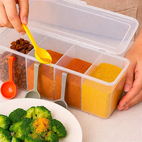 Porta Tempreos Condimento de Plastico Com 04 Divisorias + 04 Colheres - Tempero Oregano Salsa Tomilho