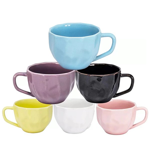 Conjunto 6 Xicaras de Porcelana Prisma Café Chá 200ml - Kit 06 Leite Colorida Caneca - PANAMI