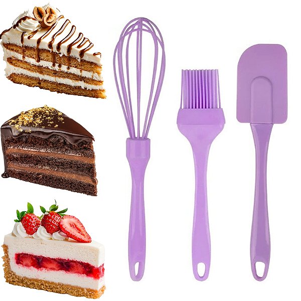 Kit Bolo Cake 03 peças - Espatula Fue Pincel de Silicone Rosa ou Lilas 3 Peças - Práticas de Lavar e No grudam - PANAMI