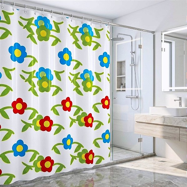Cortina de Box Vinil FLORES com 12 Ganchos -1,80m x 1,80m - O Toque de Renovação que Seu Banheiro Merece - PANAMI