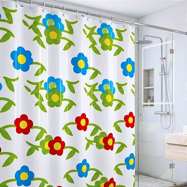 Cortina de Box Vinil FLORES com 12 Ganchos -1,80m x 1,80m - O Toque de Renovação que Seu Banheiro Merece - PANAMI