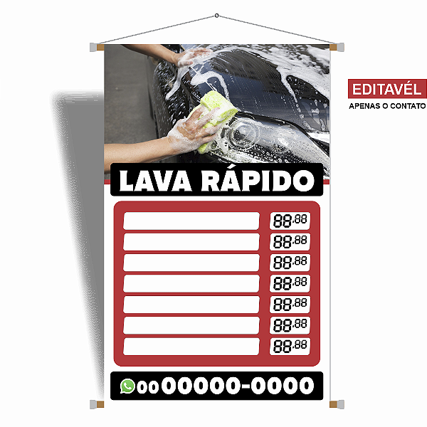 Banner Lava Rápido - Tabela de Preço - Editável com 4 Cores disponíveis