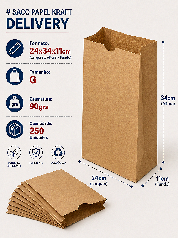 Saco Papel Kraft Delivery (G) 24x34x11 c/250 Unidades