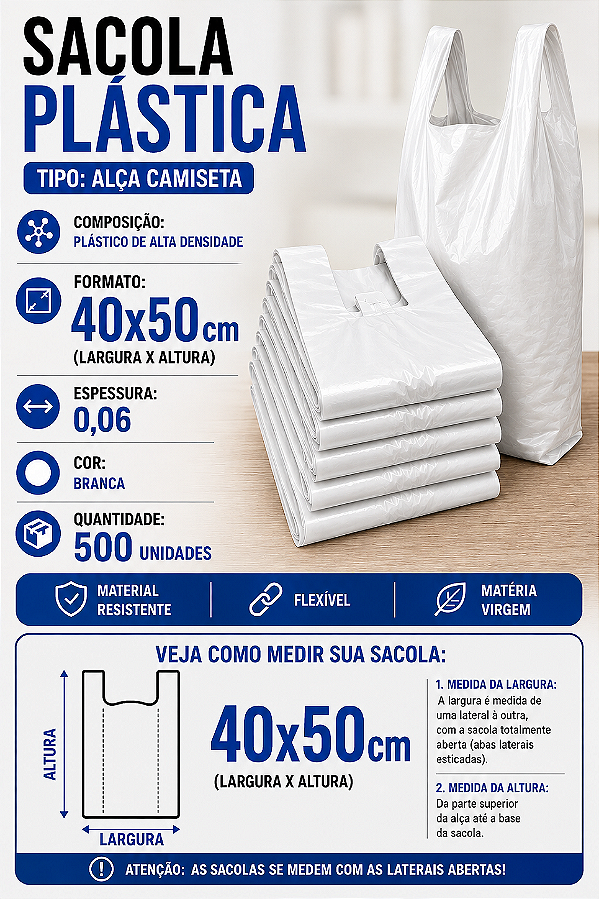 Sacola Plastica Camiseta AD 40x50 0,06 Branco c/500 Unidades