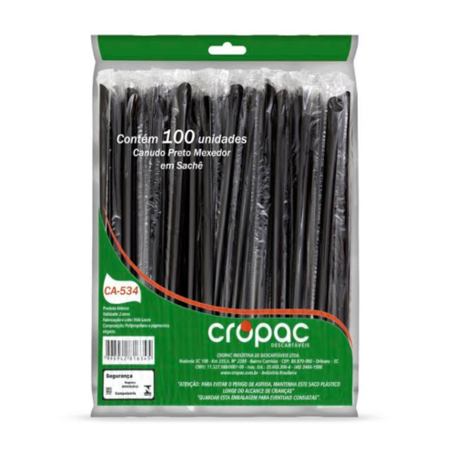 Canudo Plastico Mexedor 175x5,8mm Preto 100 Unidades (CA534)