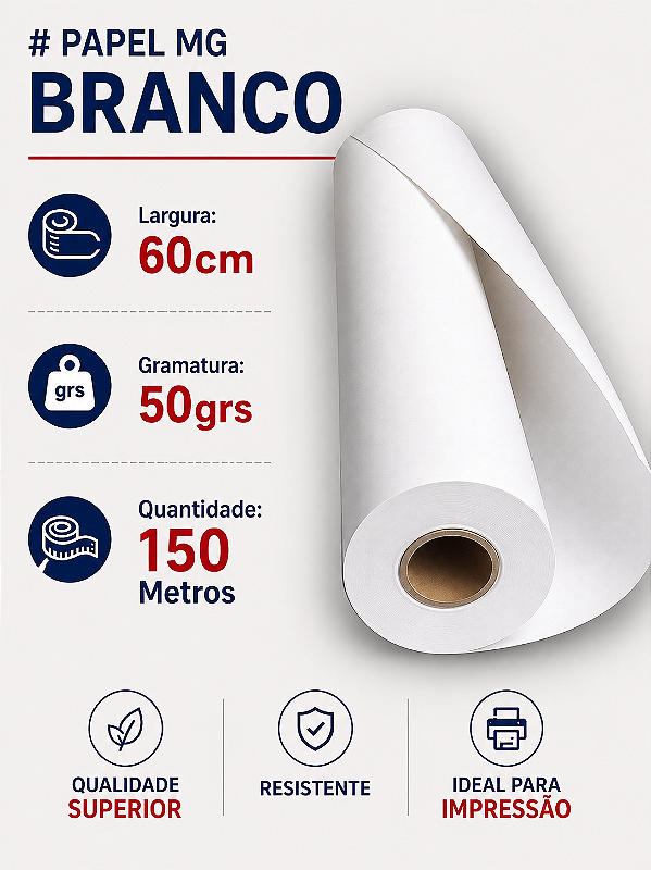 Papel Mg Branco 50grs 60cm 150 Metros