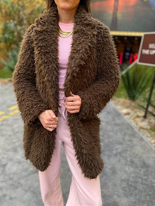Maxi Casaco Feminino Faux-Fur Teddy Marrom
