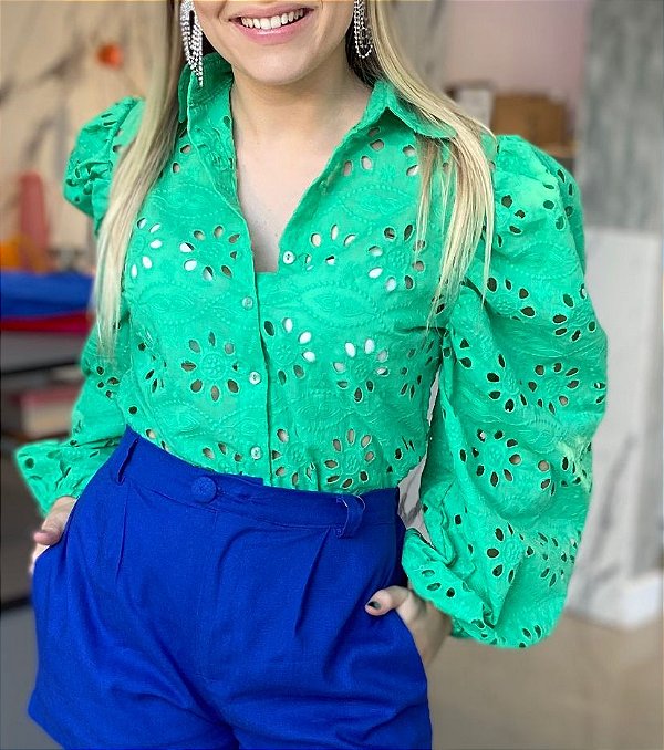 Camisa Feminina Princesa Laise Super Bordada Manga Bufante Verde Bandeira