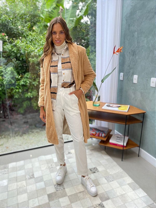 Sobretudo Feminino Pelúcia Forrado Comprimento 7/8 Carneiro Camel
