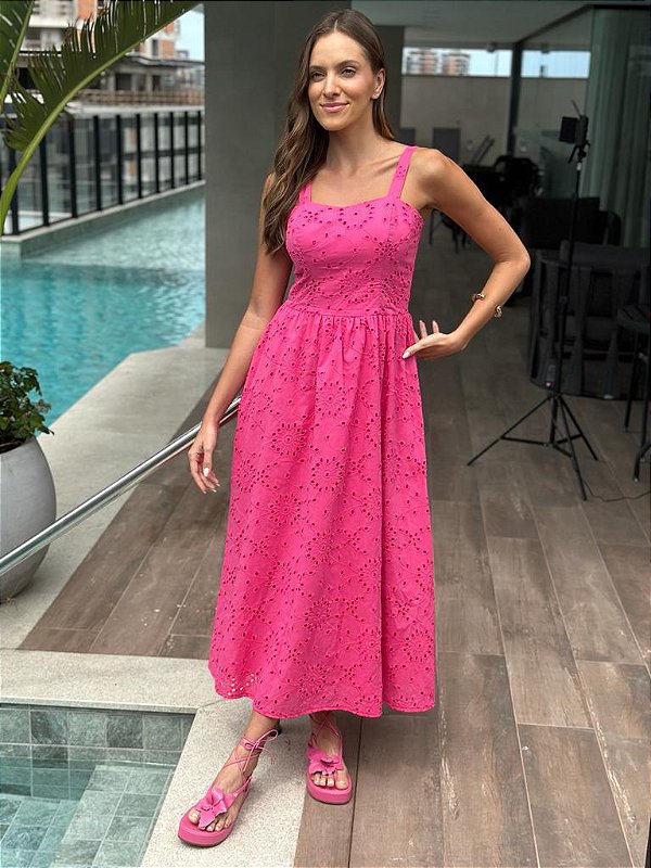 Vestido Feminino Midi Laise Bordada Alça Kate Rosa Choque