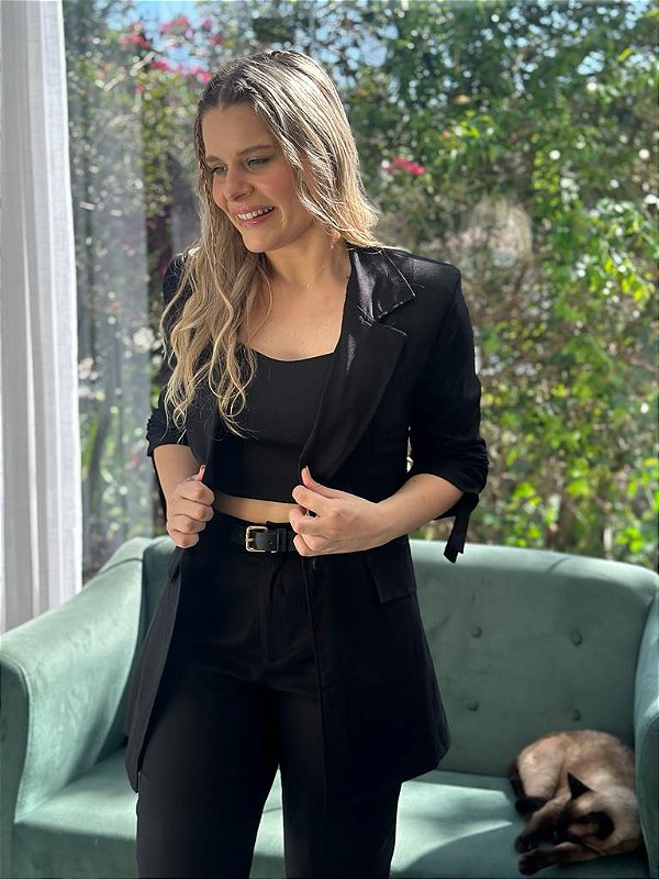Maxi Blazer Feminino Alfaiataria Manga 7/8 Preto