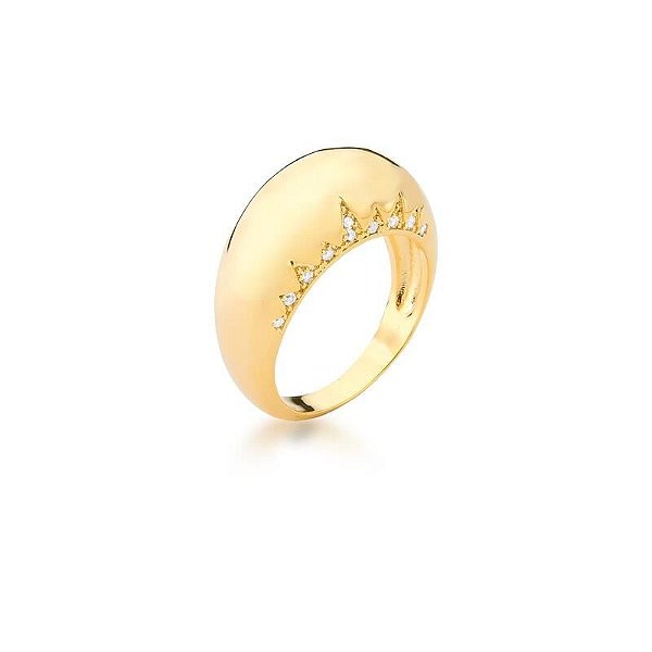 Anel Abaulado Liso e Cravejado de Zircônias Banhado a Ouro