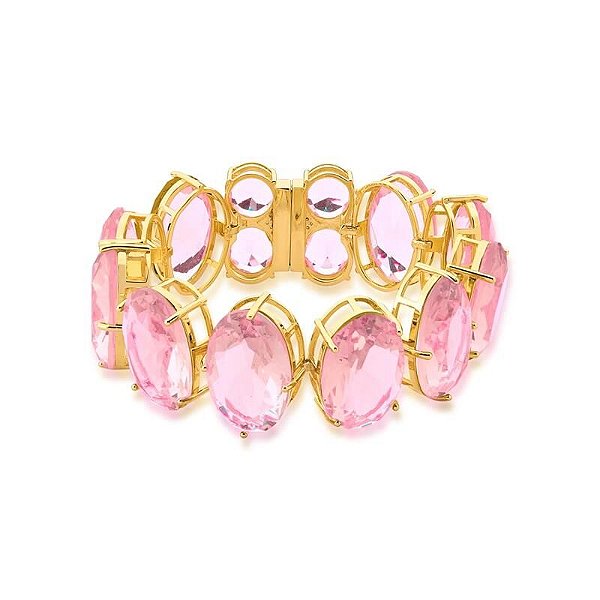 Pulseira Com Cristais Ovais Rosa Banhado A Ouro