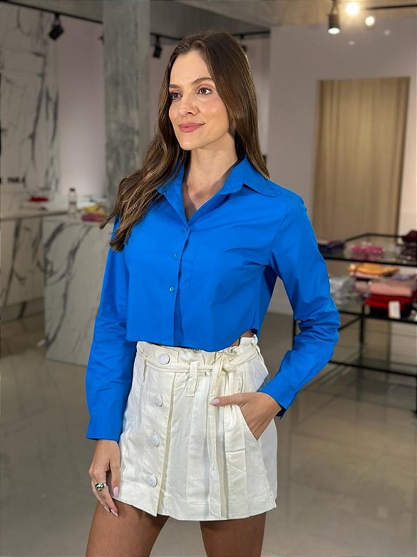 Camisa Cropped Feminina Tricoline Bolso Azul Bic