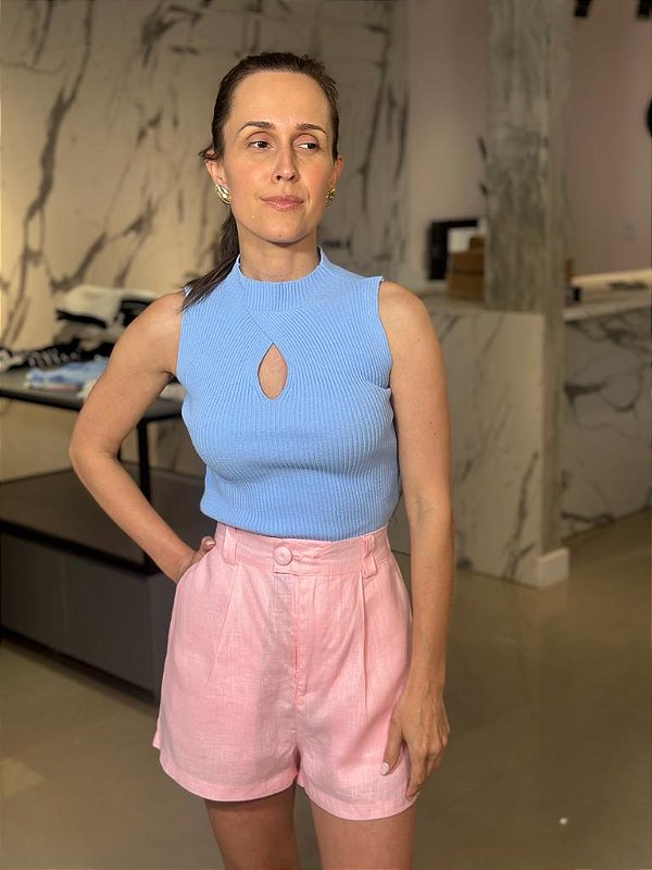 Cropped Feminino Regata Canelado Tricô Decote Gota Azul