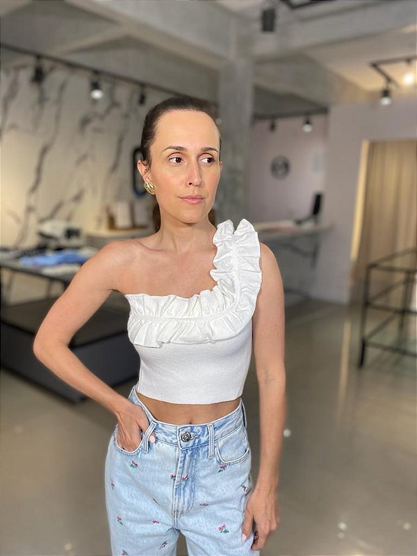 Top Cropped Feminino Tricô Alça Babados Off-White
