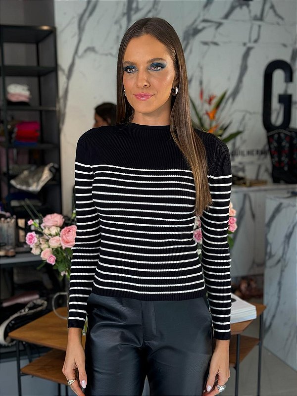 Blusa Feminina Tricô Canelado Listras Preto