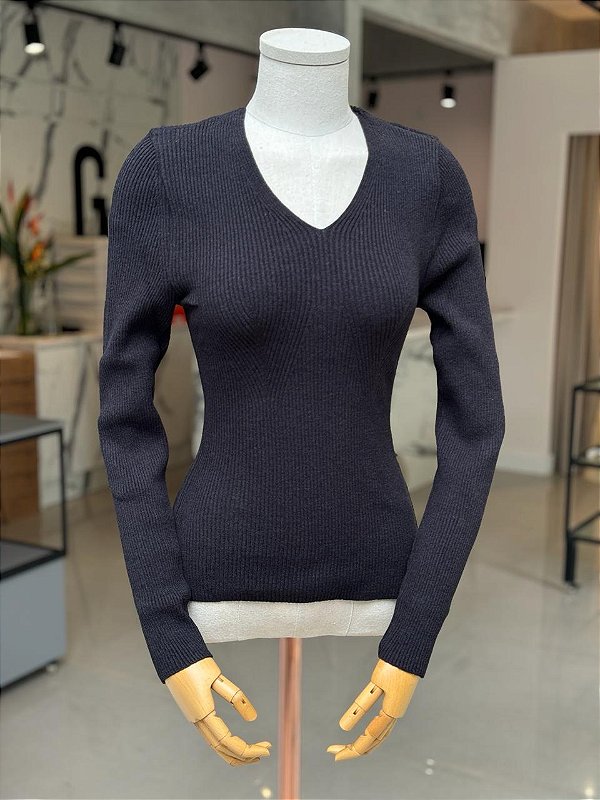Blusa Feminina Tricô Canelado Decote V Preto