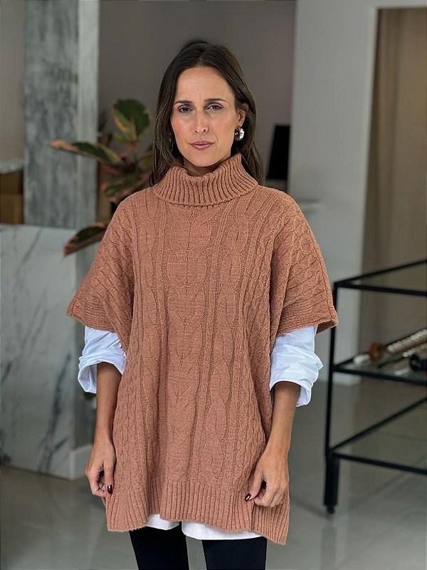 Colete Poncho Feminino Tricô Gola Alta Marrom
