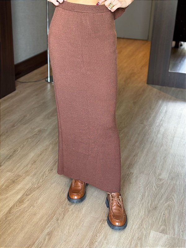 Saia Feminina Midi Tricô Fenda Lateral Cacau