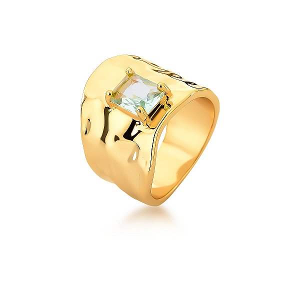 Anel Amassado com Pedra Retangular Banhado a Ouro
