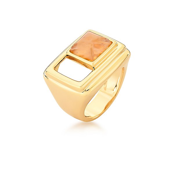 Anel Retângulo Vazado com Pedra Rutilo Banhado a Ouro