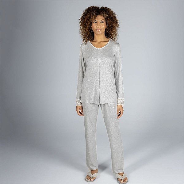 Pijama Feminino Aberto Gestante Cinza Mescla