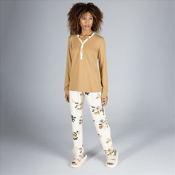 Pijama Feminino Longo Gola Botão Flowers