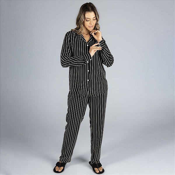 Pijama Feminino Aberto Longo Listrado Preto e Branco