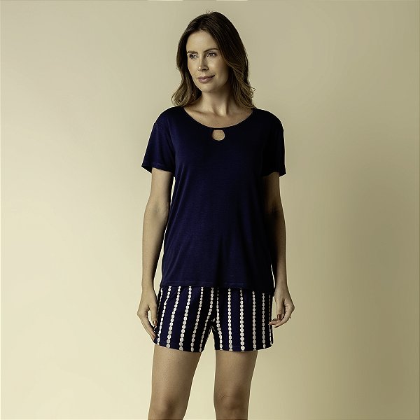 Short Doll Manga Curta Marinho Dots Line