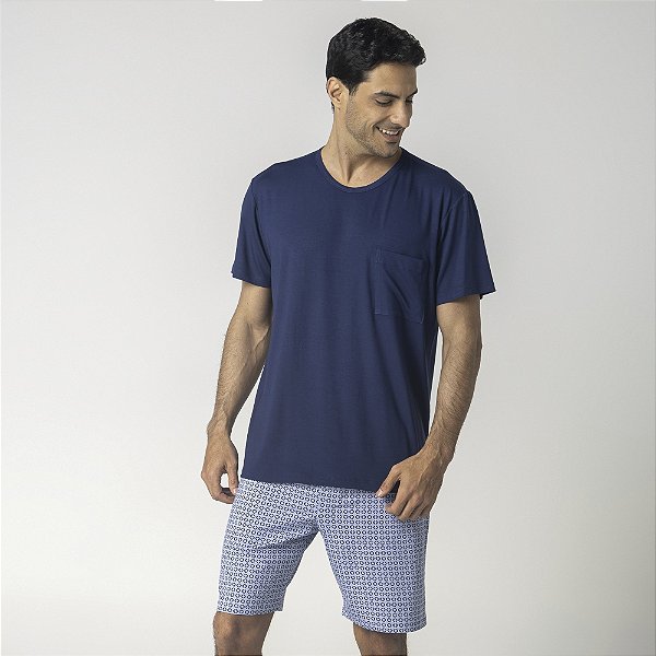Pijama Masculino Curto Azul Tie