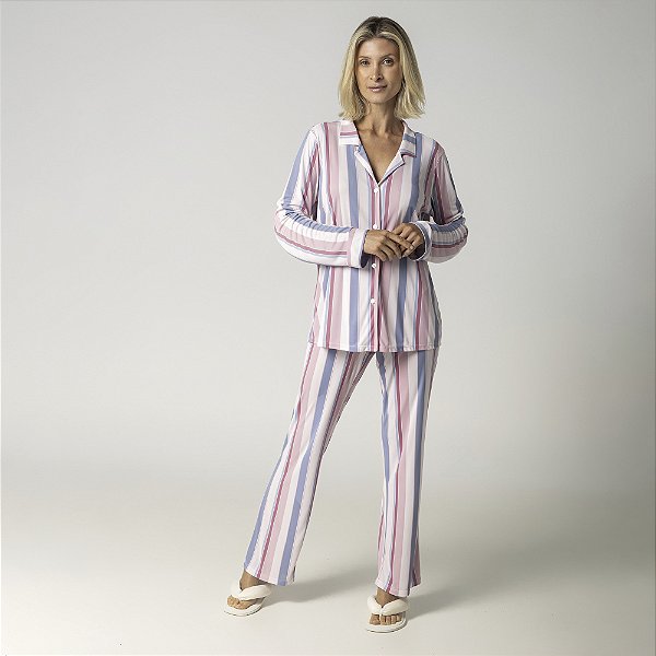 Pijama Feminino Longo Aberto Stripe Mix