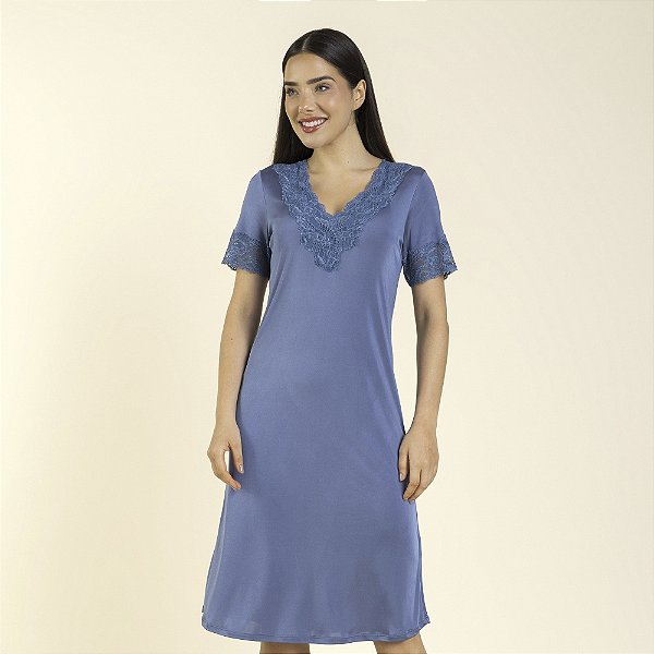Camisão Feminino Midi Azul Tranquillus com Renda