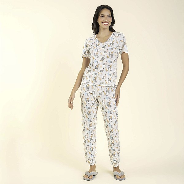 Pijama Feminino Manga Curta Branco Greyhound