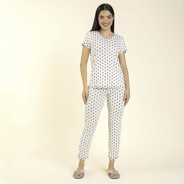 Pijama Feminino Capri Branco Floral Estilizado