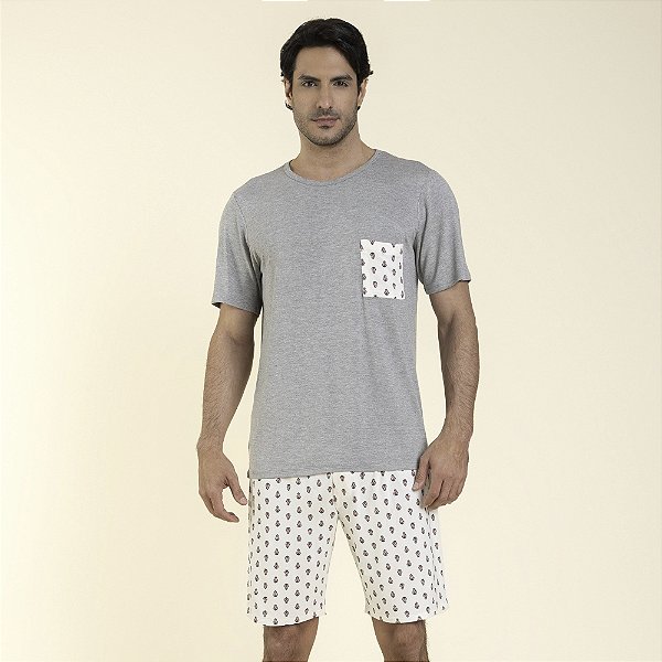 Pijama Masculino Curto Cinza e Branco com Estampa