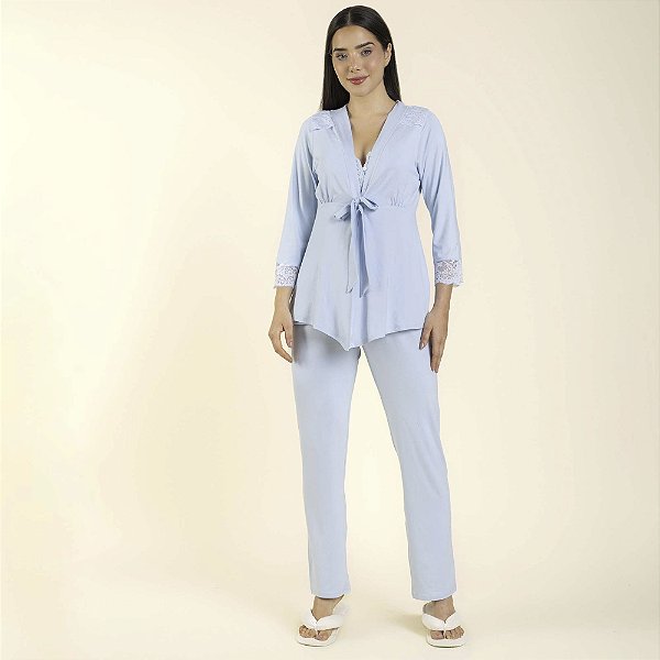 Pijama Gestante Trio Azul Claro com Renda