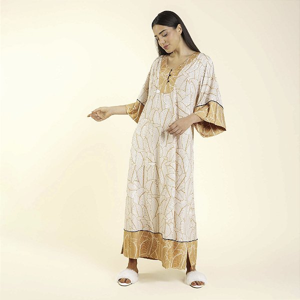 Kaftan Feminino Longo Folha Off White e Gold