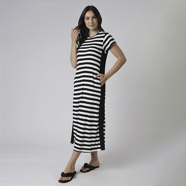 Vestido Midi Listrado Preto e Branco