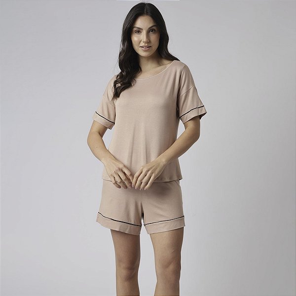 Pijama Feminino Curto em Visco Maquinetada Grão