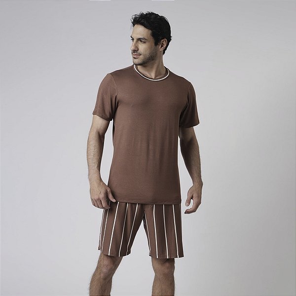 Pijama Masculino Curto Listrado Cappuccino