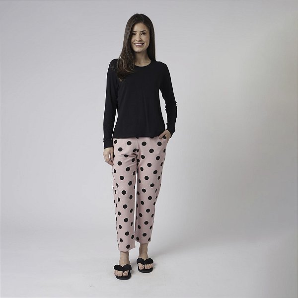 Pijama Feminino Longo Preta e Poá Rosa Lingerie